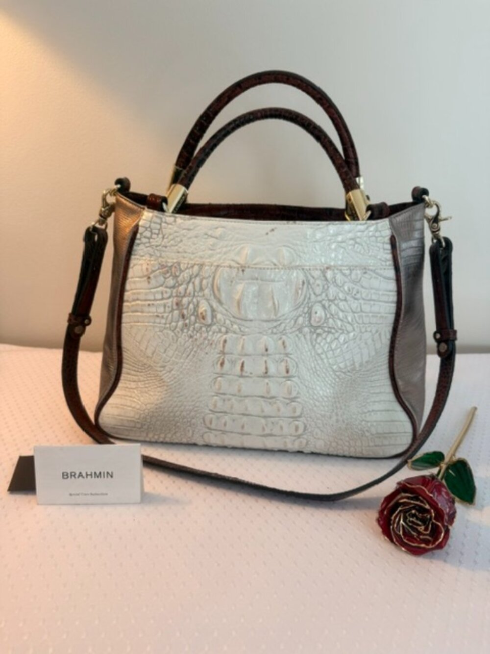 Brahmin Croc Embossed Leather Satchel Cream & Pecan Brown Crossbody Bag EUC